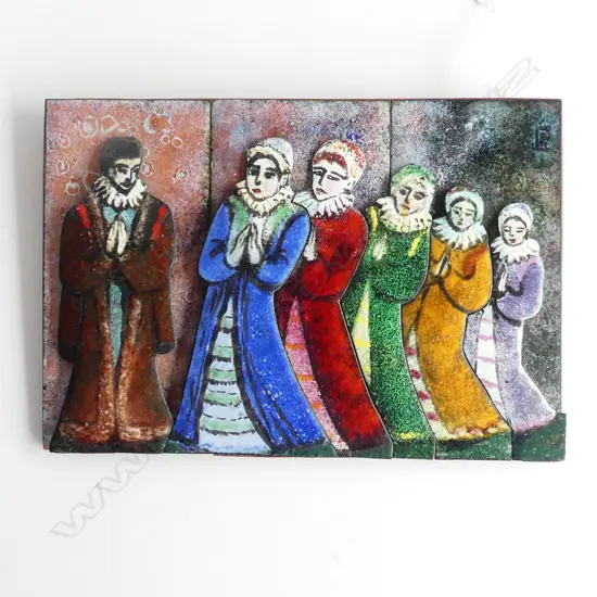 RUTH COYLE ENAMELLED BRASS FIGURES ON PLAQUE 'Brother & Sisters' labelled verso 195 x 133mm.