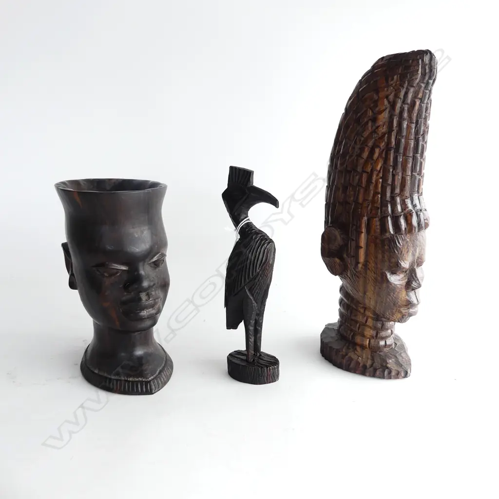 3 NIGERIAN CARVINGS; IBIS BIRD, WOMAN'S HEAD w HANDLE & MAN w HIGH TOPPED HAIR Image 1++