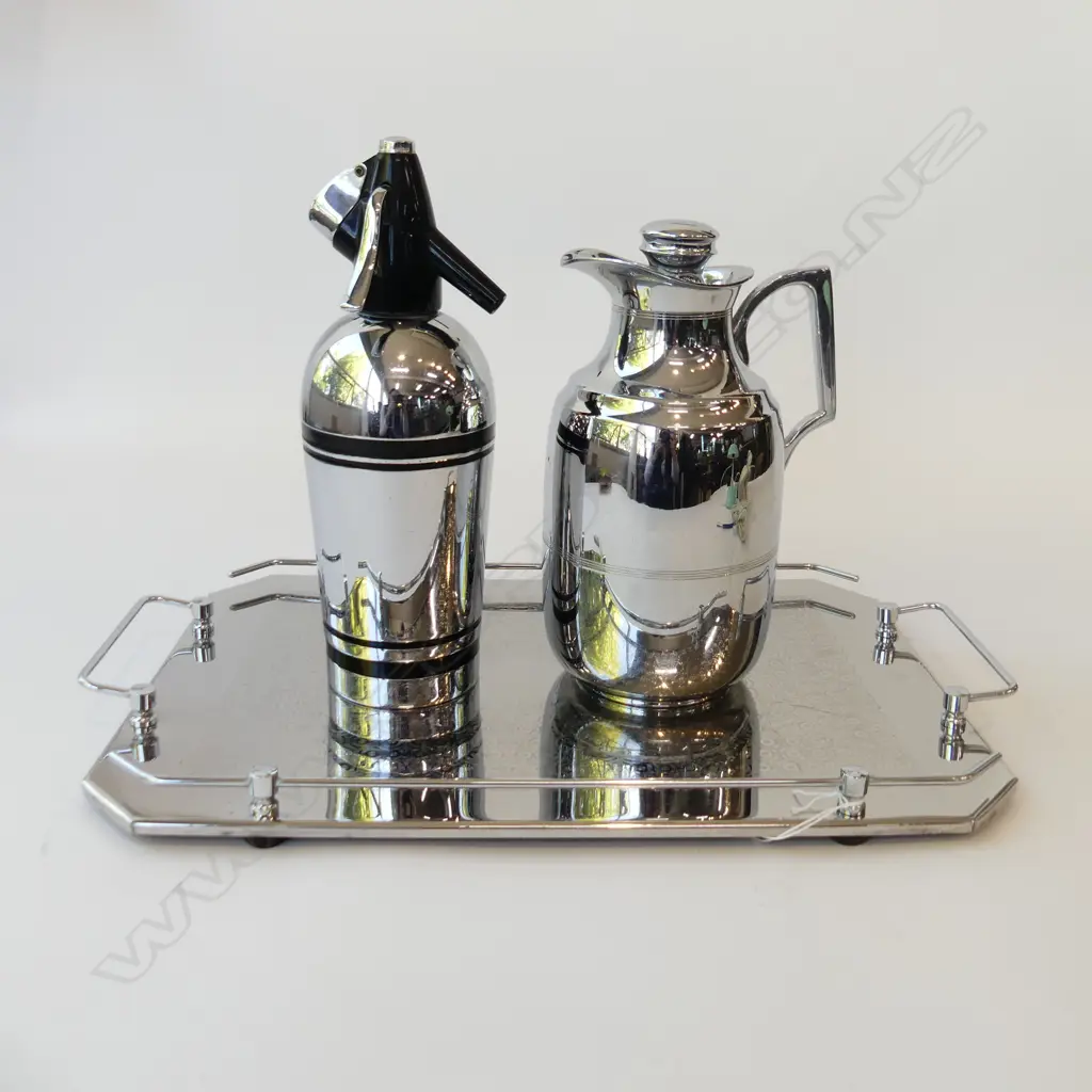 VINTAGE SODA SYPHON & THERMOS JUG ON CHROME TRAY 450x295mm Image 1++