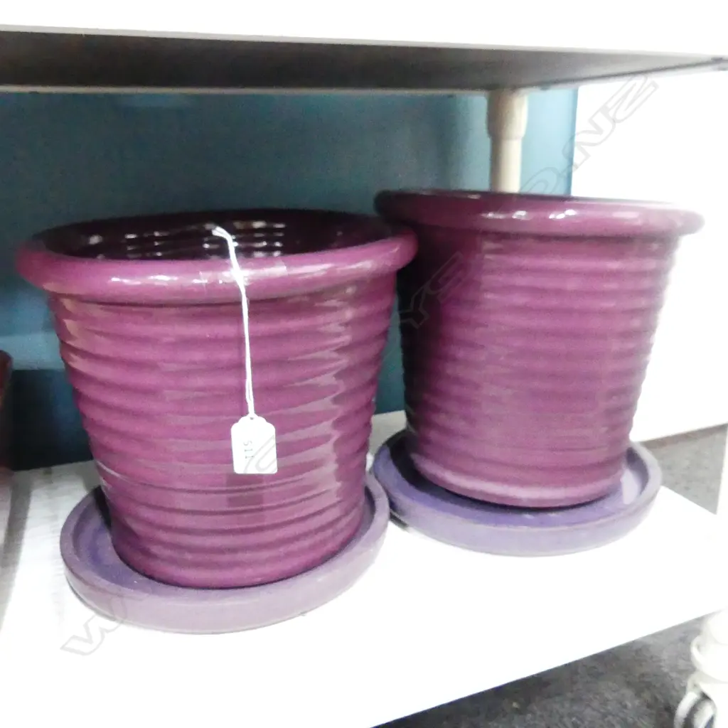PR MORRIS & JAMES PURPLE GLAZED POT PLANTS w. TRAYS H.250mm 280mm dia Image 1++