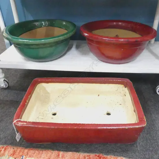 3 GARDEN POTS; 2 430mm dia + 1 530x350x150mm