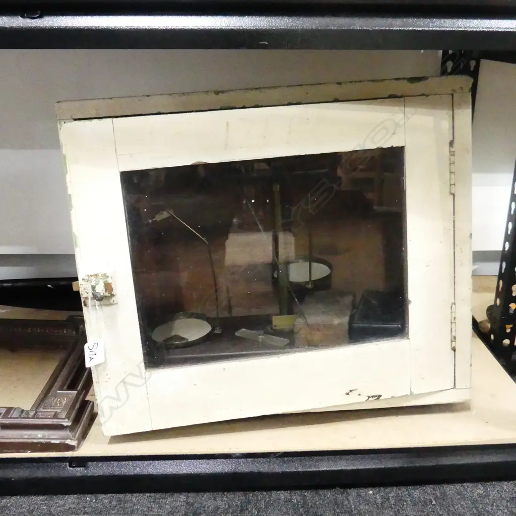VINTAGE MEDICAL ? CABINET + OLD SCALES a.f + 2 sets boxed weights some missing + gothic frame Image 1++
