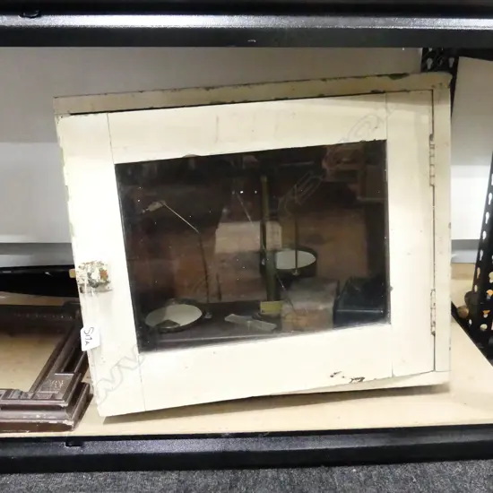 VINTAGE MEDICAL ? CABINET + OLD SCALES a.f + 2 sets boxed weights some missing + gothic frame