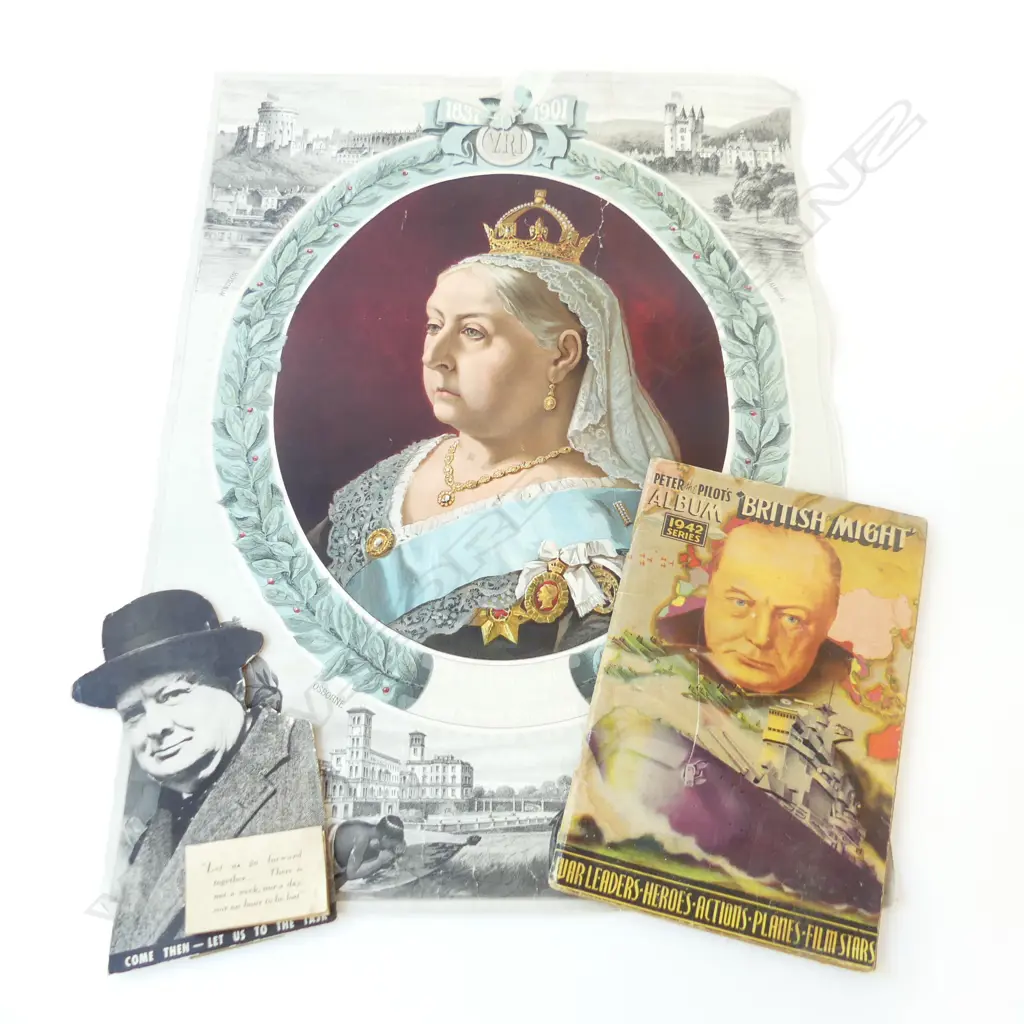 VINTAGE WINSTON CHURCHILL EMPHEMERA ETC: 1943 CALENDER + 'BRITISH MIGHT' ALBUM + QUEEN VICTORIA POSTER 1837-1901  Image 1++