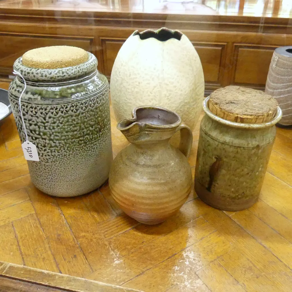 4 PCES STUDIO POTTERY; 2 SALT GLAZED JARS H.235mm, JUG & VASE  Image 1++