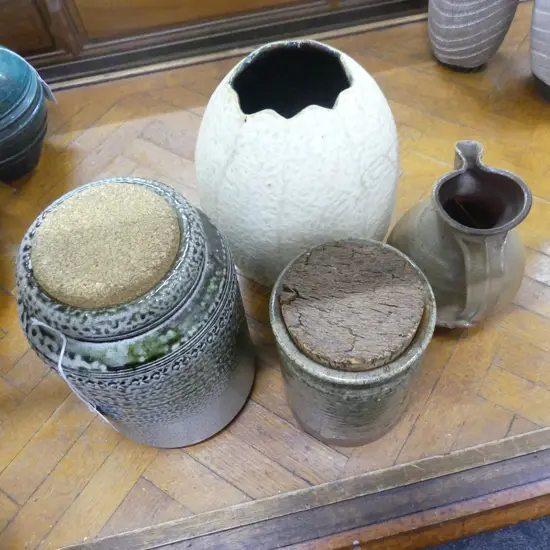 4 PCES STUDIO POTTERY; 2 SALT GLAZED JARS H.235mm, JUG & VASE 