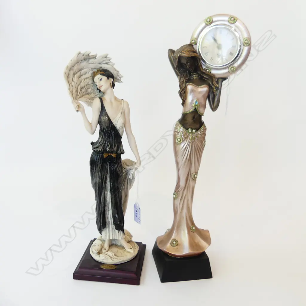 2 RESIN FEMALE FIGURES; LADY w. FEATHERS & CLOCK H.410mm Image 1++