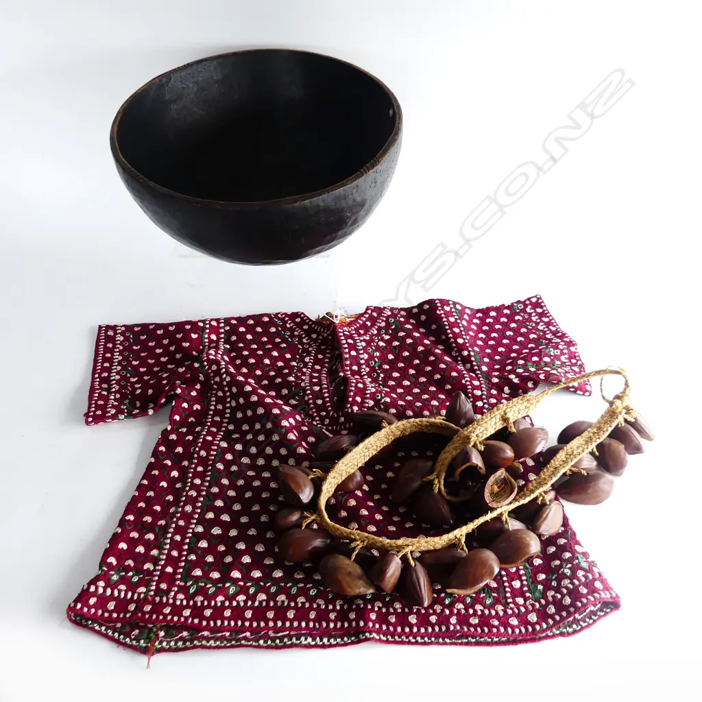 WOVEN BELT w BEETLE NUTS, LRG CARVED WOODEN BOWL & VINTAGE CHILD'S EMBROIDERED TOP FROM NIGERIA Image 1++