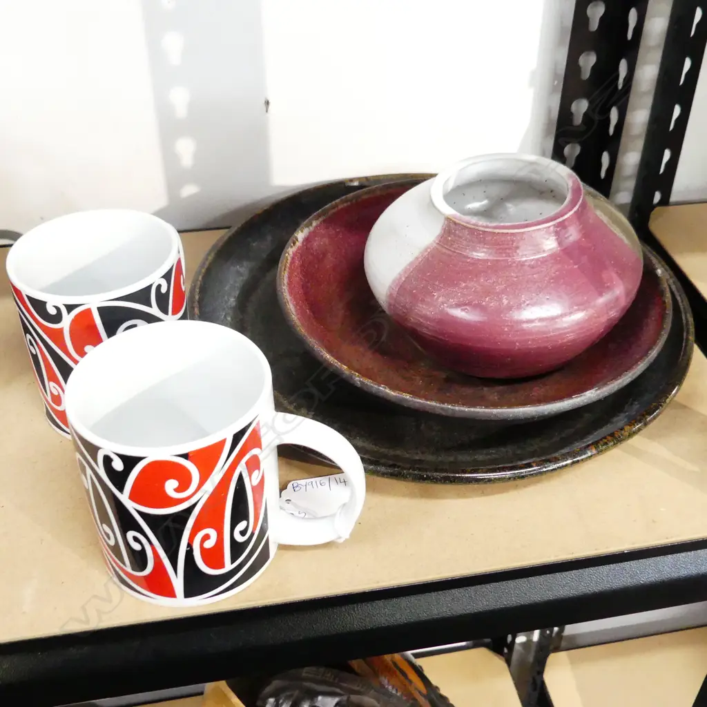 2 POTTERY PLATES 280mm dia, JAR, PR MAORI MUGS H.90mm Image 1++