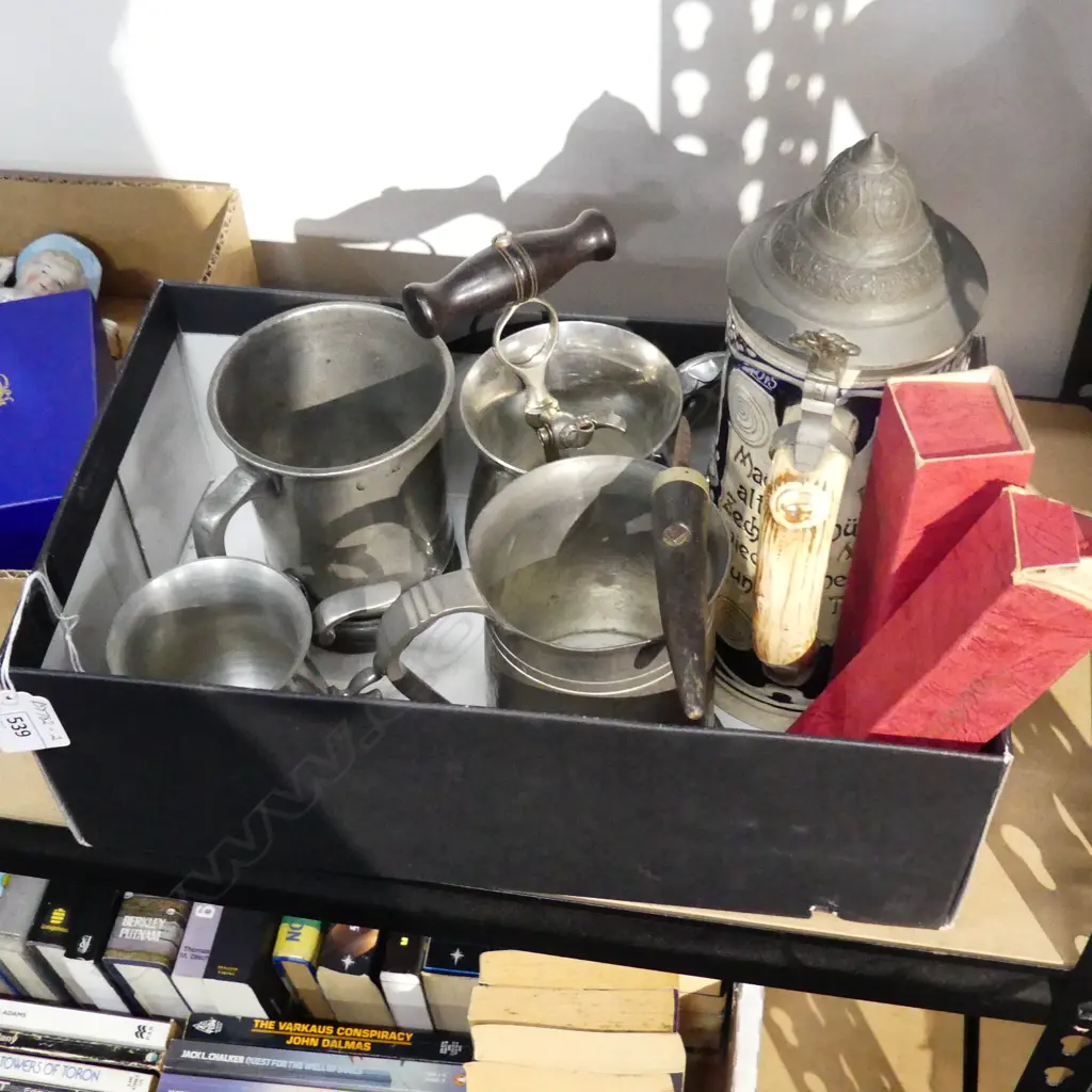 VINTAGE GERMAN BEER STEIN, 4 PEWTER TANKARDS, VINTAGE CORKSCEW & CHAMPAGNE OPENER & OTHER Image 1++