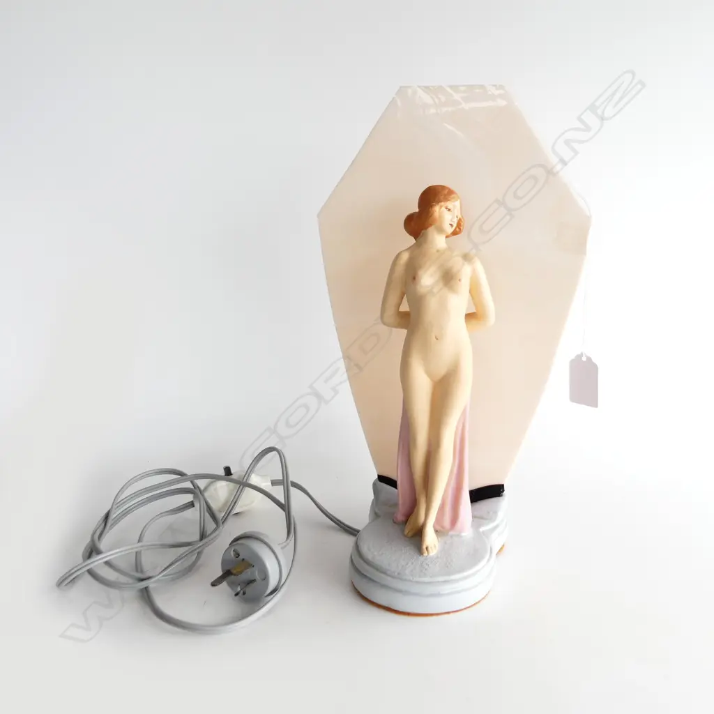 DECO LAMP w. PAINTED CERAMIC NUDE FIGURE & PINK GLASS PANEL H.315mm Image 1++