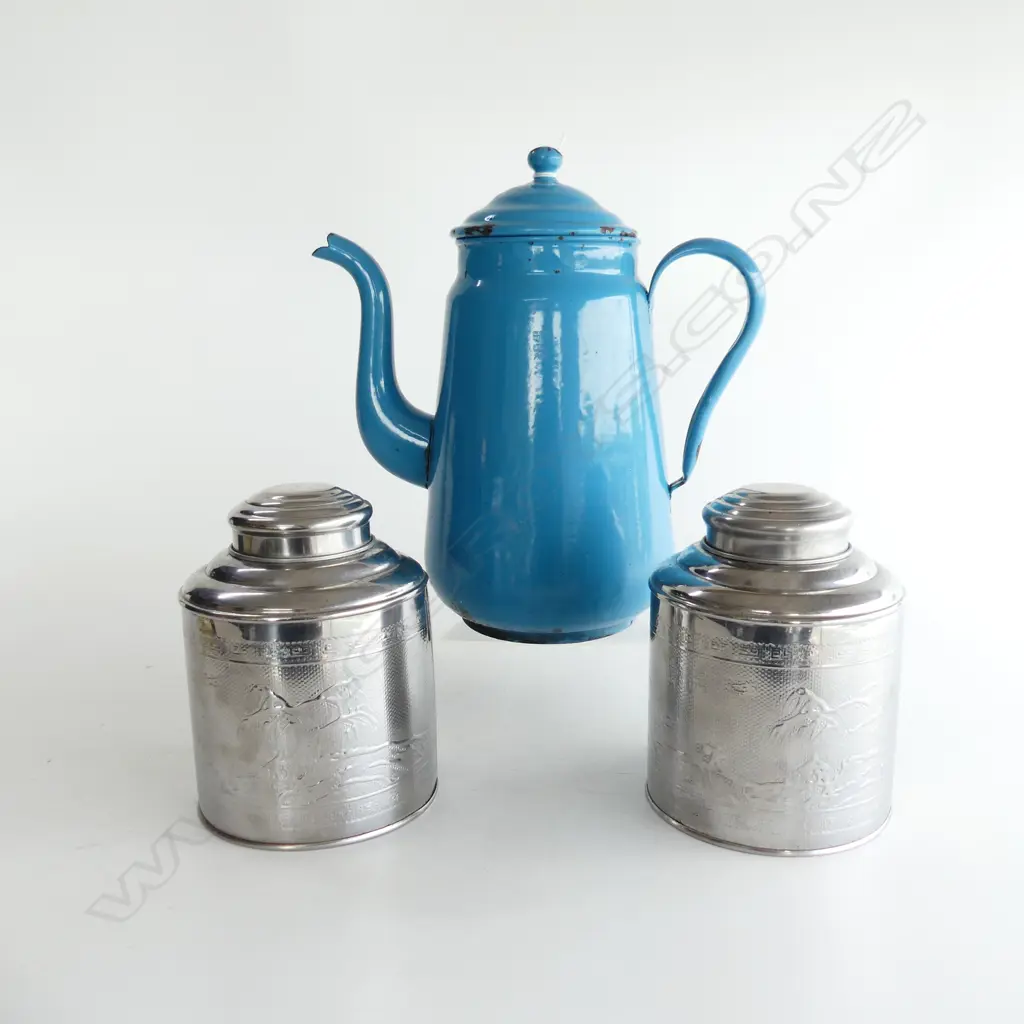 LRG BLUE ENAMEL VINTAGE COFFEE POT & 2 CHROMED TEA CADDIES Image 1++