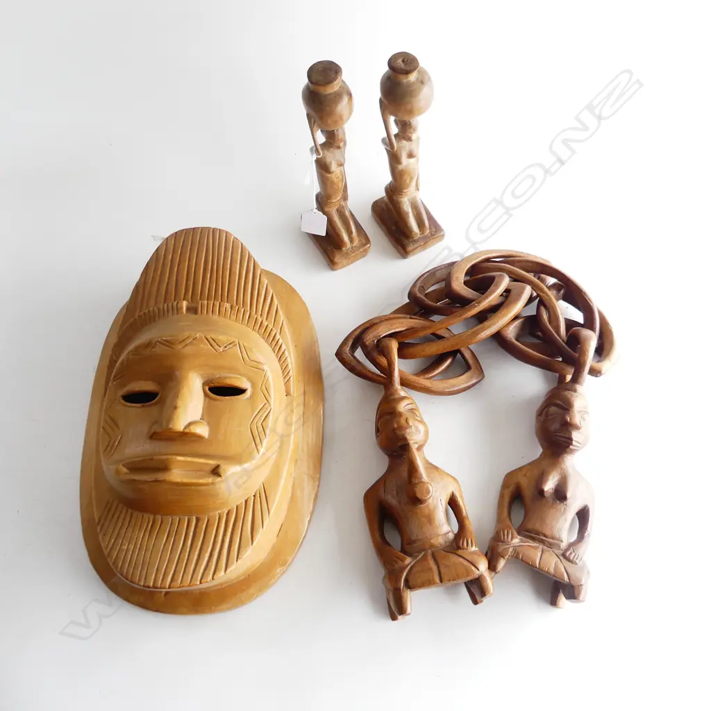 FIVE LIGHT COLORED CARVED AFRICAN ITEMS A MASK L.320mm TWO FIGURES WITH INTERLOCKING WOODEN RINGS & TWO SMALL FIGURES . Image 1++
