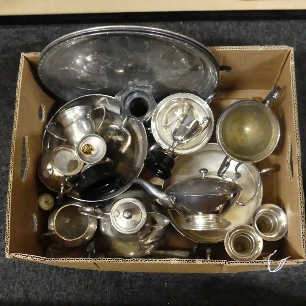 BOX OF SILVER PLATE TEA WARE + TROPHY CUPS + VASES ETC Image 1++