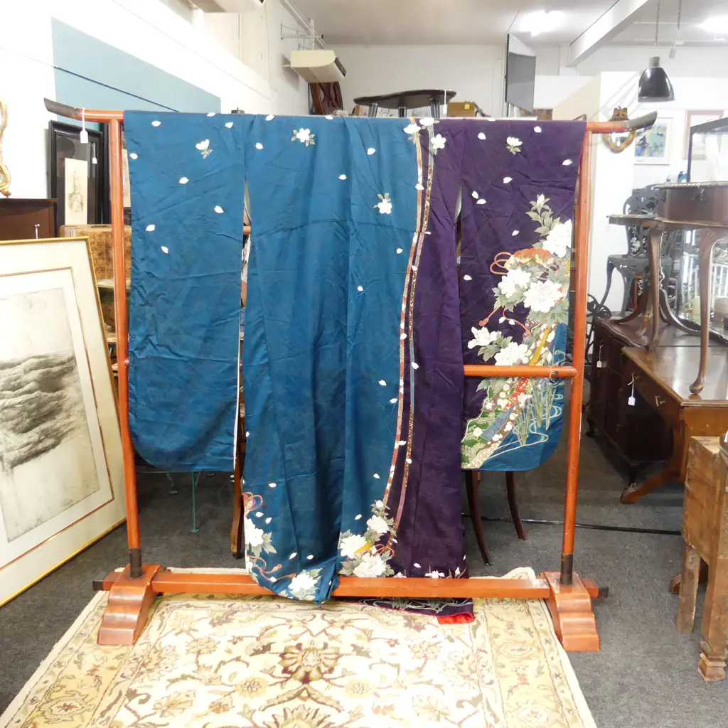 UCHIKAKE SILK WEDDING KIMONO WITH GOLD EMBROIDERY ON A LARGE KIMONO STAND, W 185, H 162mm Image 1++
