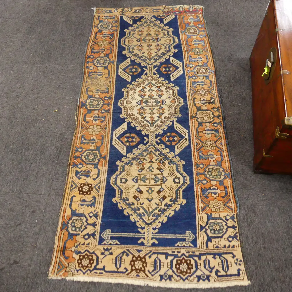 (16) ANTIQUE TURKISH HANDKNOTTED ALL WOOL RUNNER RUG w professional repairs 2130 x 940mm Image 1++
