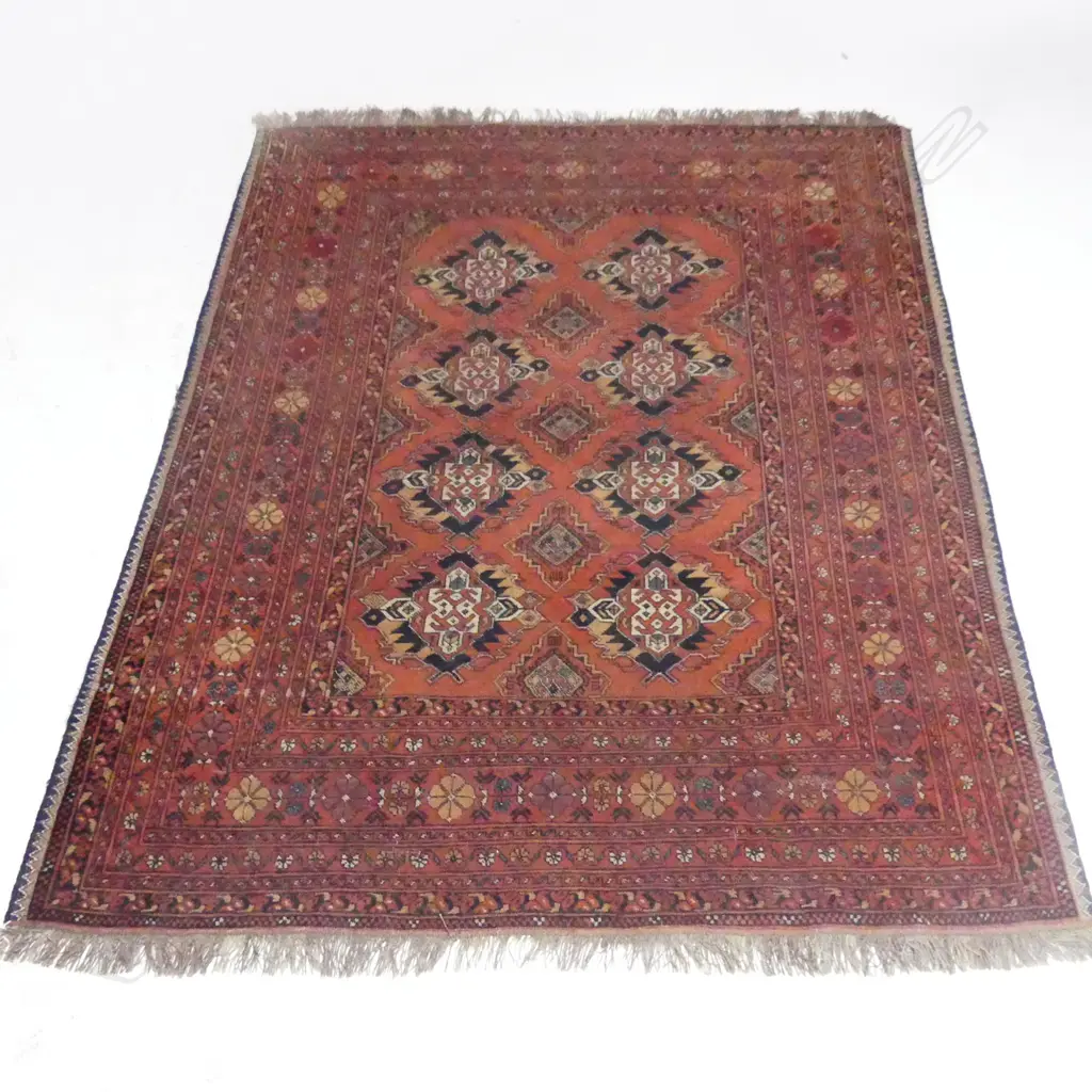PERSIAN HANDKNOTTED WOOL FLOOR RUG. OVERALL TERRACOTTA TONE WITH EIGHT CENTRAL MEDALLIONS. 2000 x1580mm Image 1++