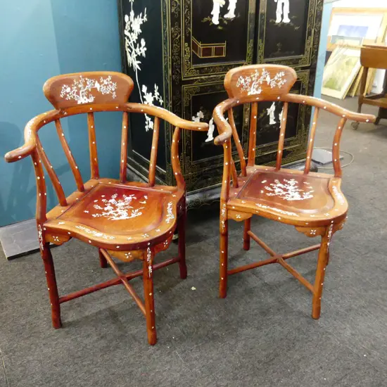 3 PCE ORIENTAL MoP INLAID SET; PR CHAIRS + TABLE