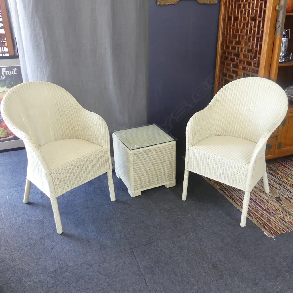 PR LUSTY LLOYD LOOM ARMCHAIRS & GLASS TOPPED SIDE TABLE 400x400x435mm Image 1++