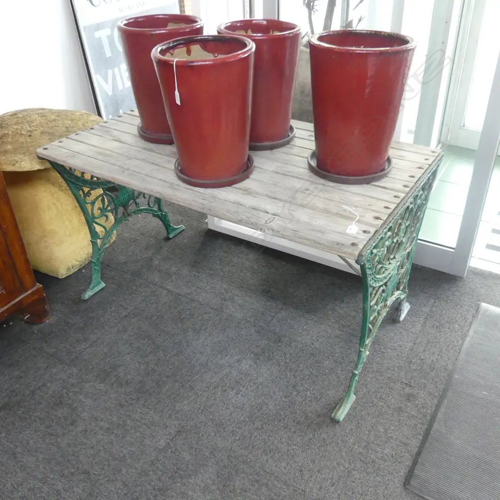 OUTDOOR PATIO TABLE WOODEN SLATTED TOP CAST IRON ENDS antique style painted green Image 1++