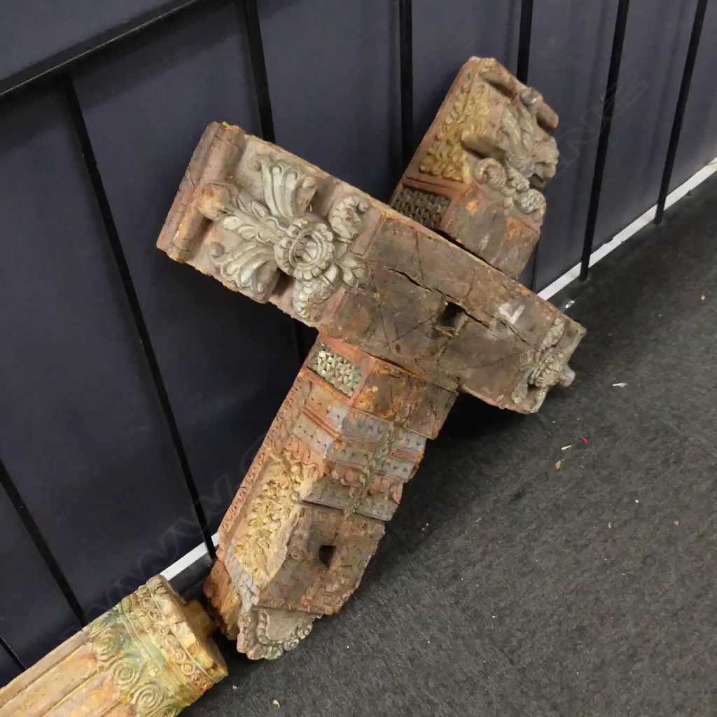 PAIR OLD CARVED & PAINTED INDIAN ENTRANCE TEAK PILLARS L.2055mm WITH NEAR MATCHED CARVED CRUCIFORM BASES Image 1++