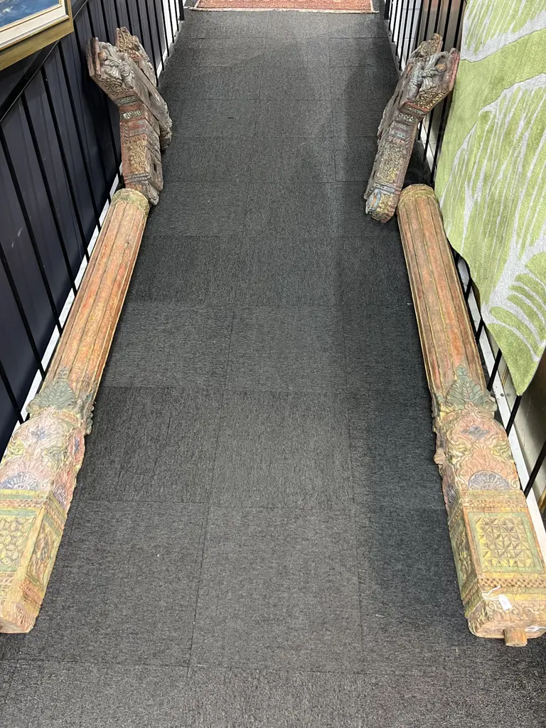 PAIR OLD CARVED & PAINTED INDIAN ENTRANCE TEAK PILLARS L.2055mm WITH NEAR MATCHED CARVED CRUCIFORM BASES Image 1++