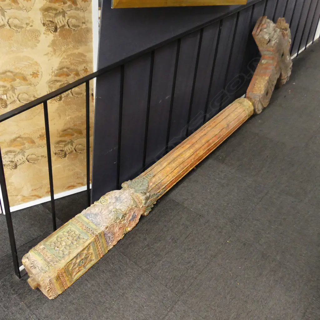 PAIR OLD CARVED & PAINTED INDIAN ENTRANCE TEAK PILLARS L.2055mm WITH NEAR MATCHED CARVED CRUCIFORM BASES Image 1++