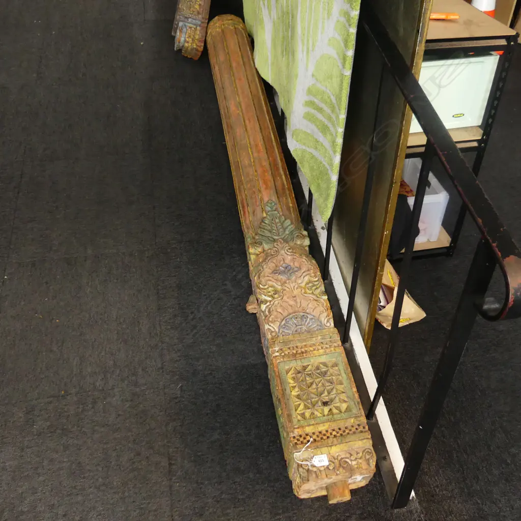 PAIR OLD CARVED & PAINTED INDIAN ENTRANCE TEAK PILLARS L.2055mm WITH NEAR MATCHED CARVED CRUCIFORM BASES Image 1++