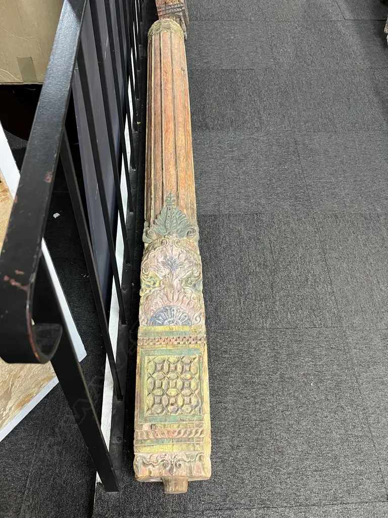 PAIR OLD CARVED & PAINTED INDIAN ENTRANCE TEAK PILLARS L.2055mm WITH NEAR MATCHED CARVED CRUCIFORM BASES Image 1++