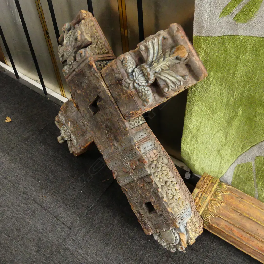 PAIR OLD CARVED & PAINTED INDIAN ENTRANCE TEAK PILLARS L.2055mm WITH NEAR MATCHED CARVED CRUCIFORM BASES Image 1++