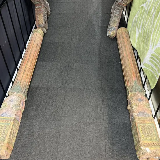 PAIR OLD CARVED & PAINTED INDIAN ENTRANCE TEAK PILLARS L.2055mm WITH NEAR MATCHED CARVED CRUCIFORM BASES
