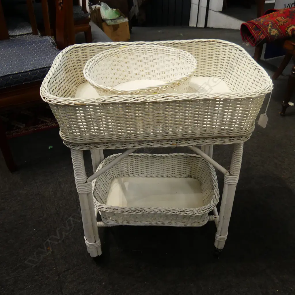 WHITE PAINTED WOVEN WICKER CANE TABLE 580x420mm + TRAY & BOWL Image 1++