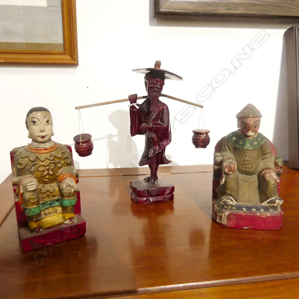 3 CHINESE FIGURES; PAINTED CARVED WOODEN SEATED COUPLE, WOODEN OLD MAN w. BASKETS W.260mm Image 1++
