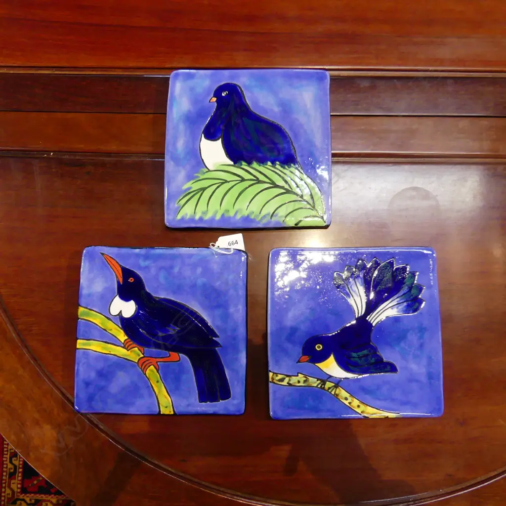 3 MORRIS & JAMES NZ BIRD TILES; TUI, FANTAIL, KERURU 200x200mm Image 1++