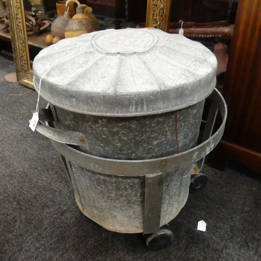 VINTAGE PARKER GALVINISED METAL TRASH CAN IN TROLLEY H.570mm Image 1++