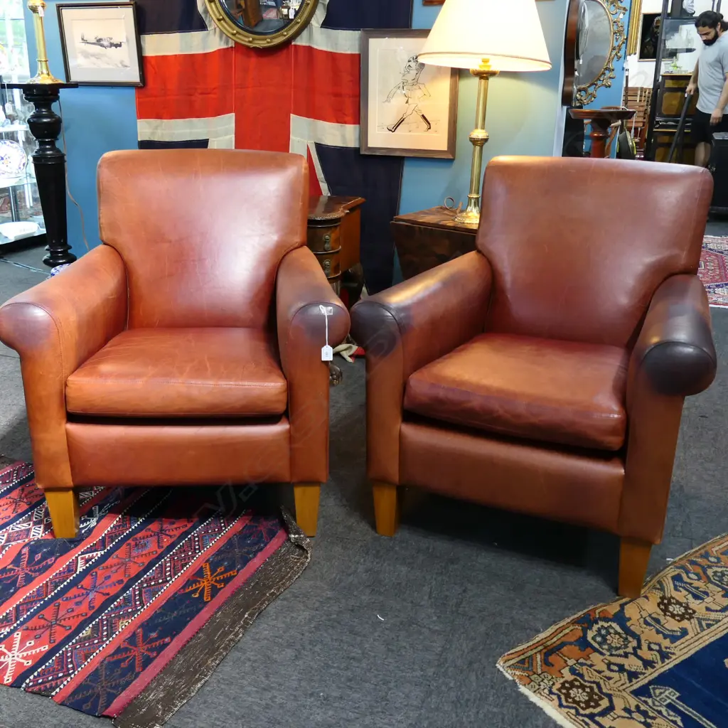PR LEATHER ARMCHAIRS ROLL ARMS LOOSE CUSHION SEATS 1 with slightly darkened arms Image 1++