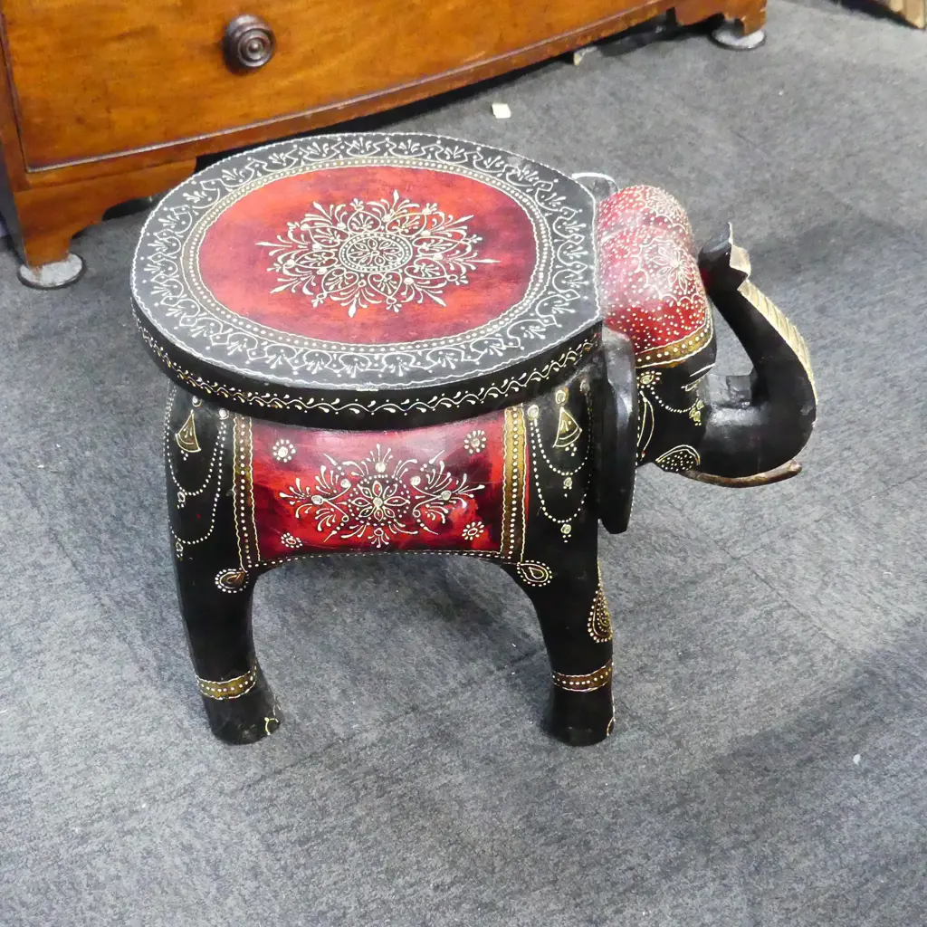 INDIAN PAINTED WOODEN ELEPHANT STOOL H.380mm Image 1++