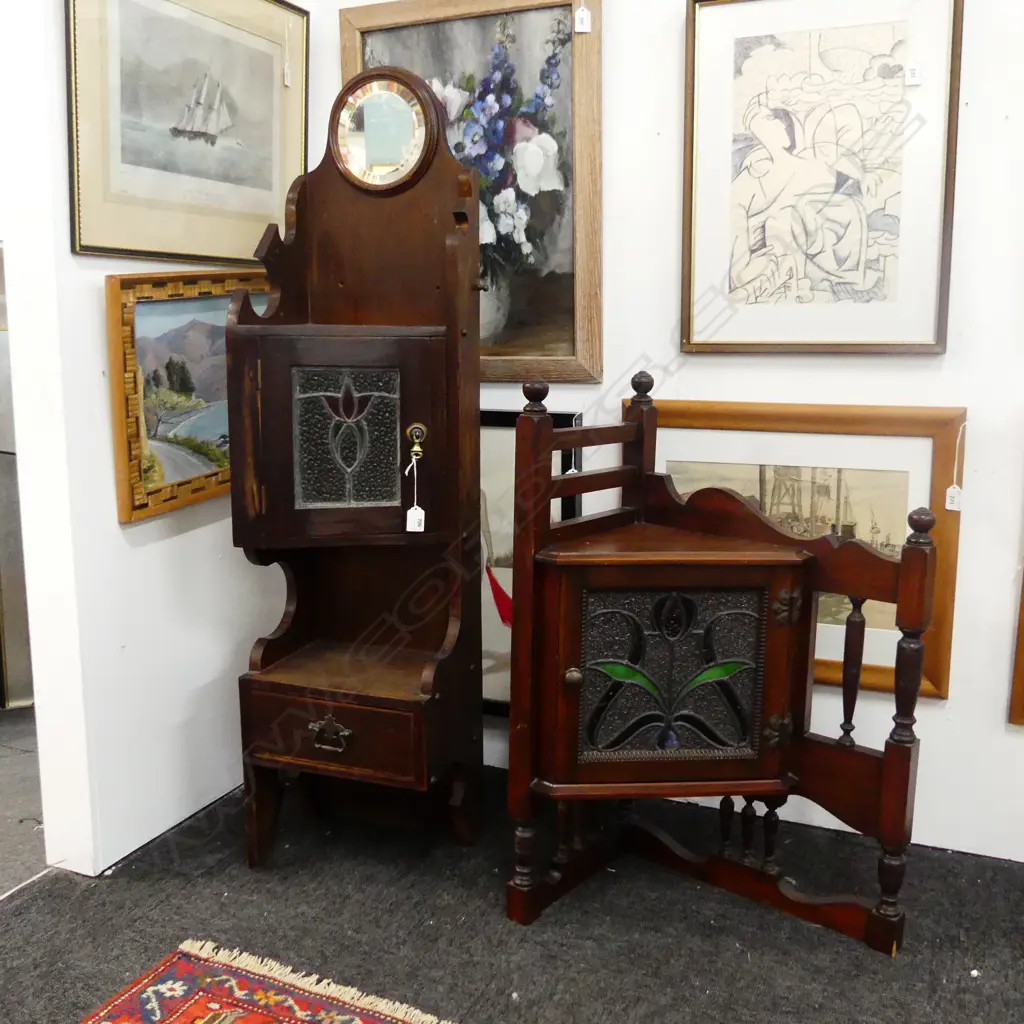 2 EARLY 20th OAK CORNER UNITS w. LEADLIGHTS H.1180mm Image 1++