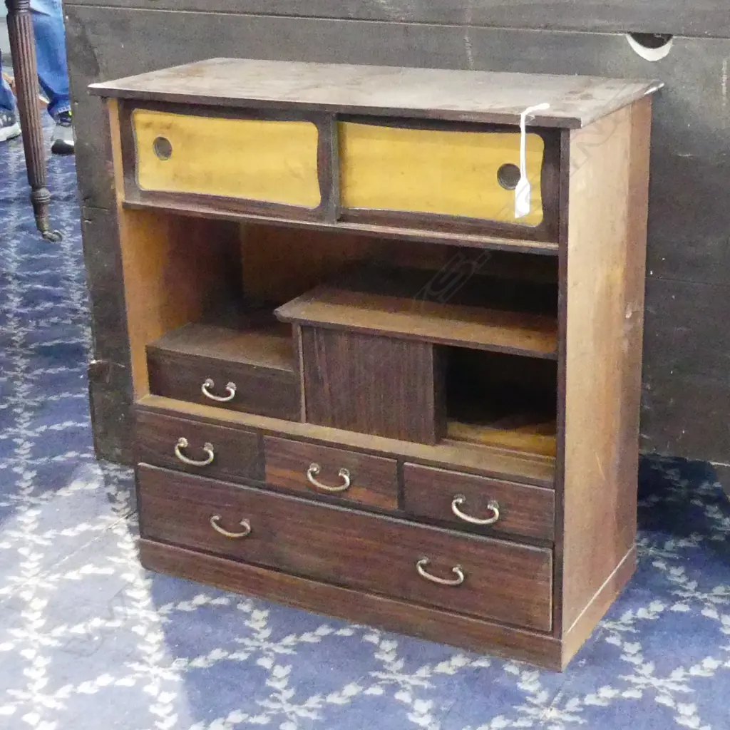 QUALITY JAPANESE VINTAGE BEDSIDE / COLLECTORS CHEST gold panels. rosewood front 560 x 255 x 600mm Image 1++