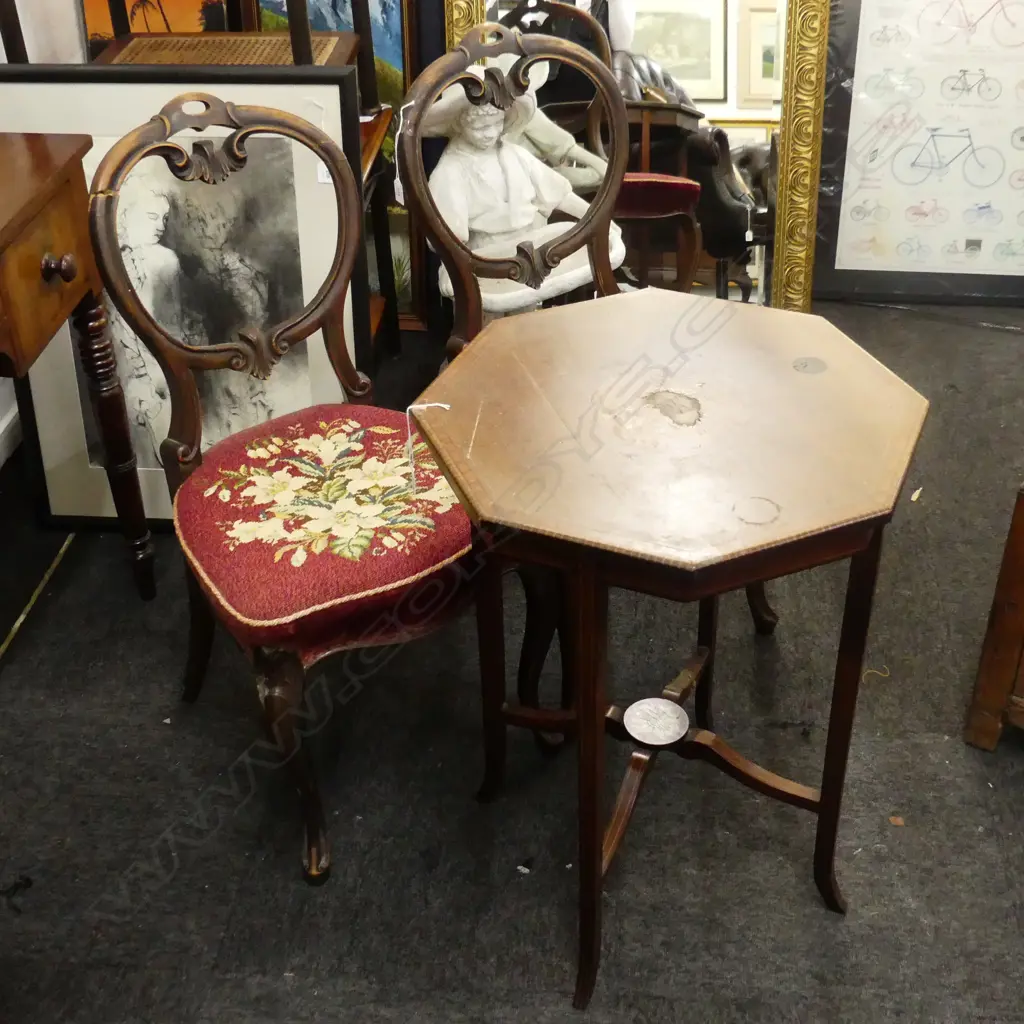 SHERATON STYLE OCTAGONAL SIDE TABLE + PR VICTORIAN BALLOON BACK CHAIRS - all w. faults Image 1++