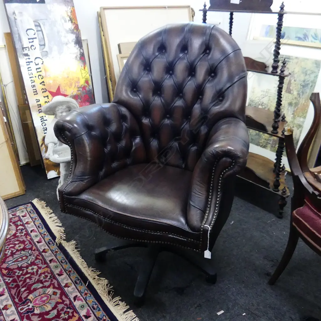 BROWN LEATHER BUTTON BACK OFFICE CHAIR 850x600x1150mm - GASCOIGNE FURNITURE Image 1++