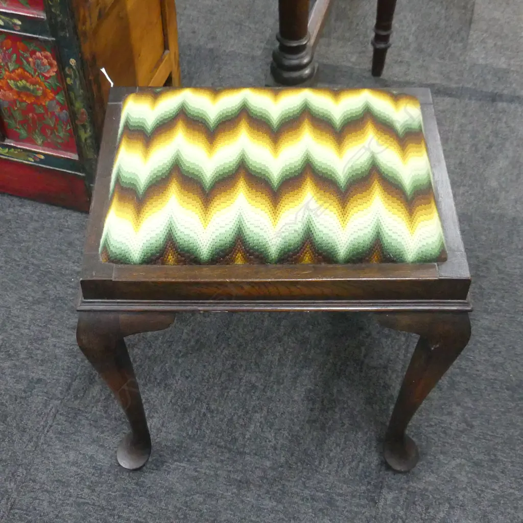 OAK PIANO STOOL w. NEEDLEWORK SEAT H.500mm Image 1++