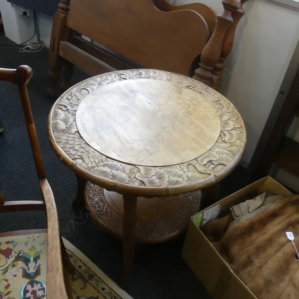 CIRCULAR HEAVILY CARVED OCCASIONAL TABLE WITH FLORA AND FAUNA DETAIL. D.760XH.670mm Image 1++