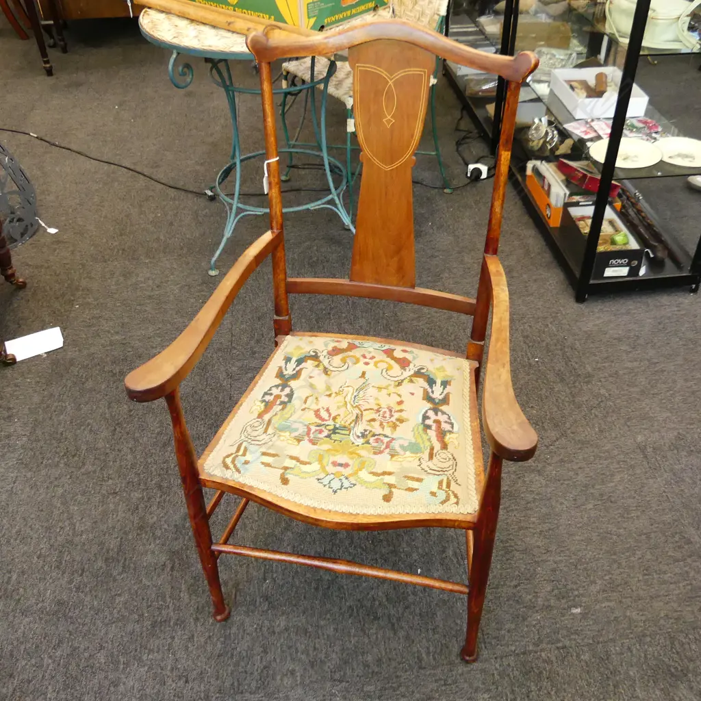 MAHOGANY SHERATON REVIVAL CARVER CHAIR. WITH STRINGING SERPENTINE SHAPED TOP OUTSWEPT ARMS AND TAPESTRY SEAT  Image 1++