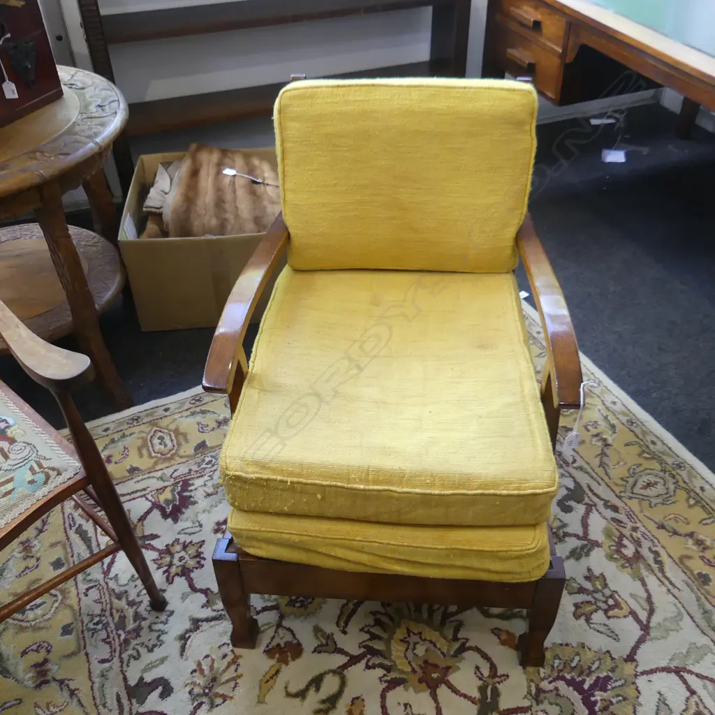 WOODEN ARMCHAIR w. YELLOW UPHOLSTERY Image 1++