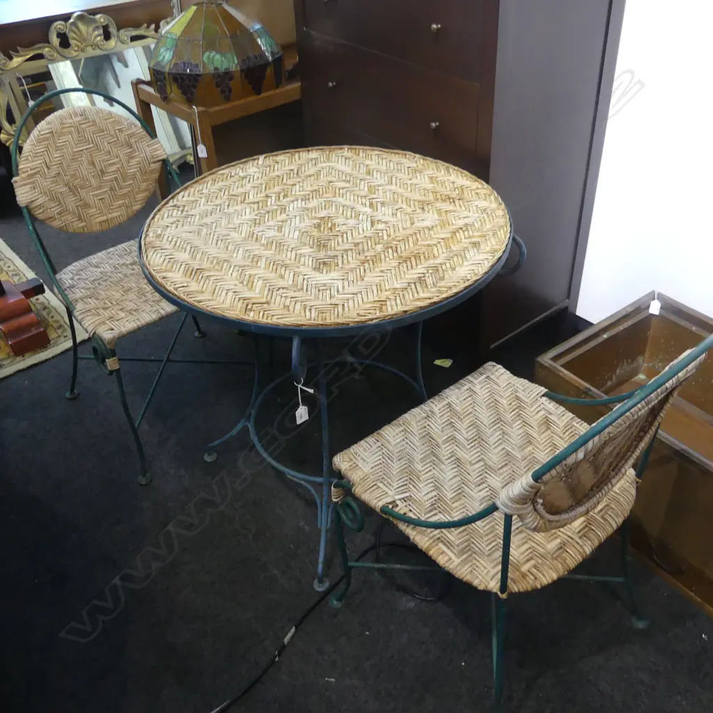 3 PCE METAL & CANE PATIO SET; PR CHAIRS + TABLE  Image 1++