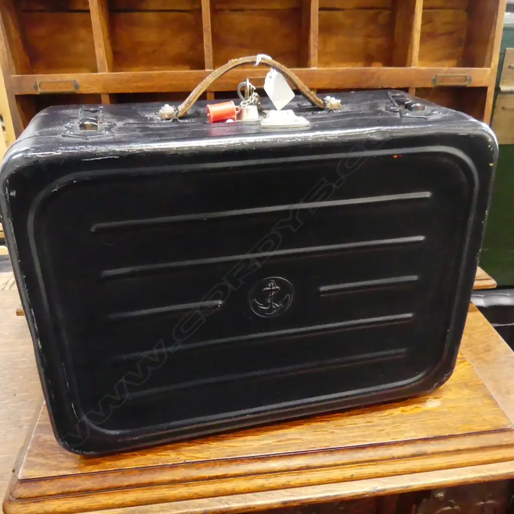 VINTAGE FRENCH BLUE PAINTED METAL SUITCASE W.440mm Image 1++