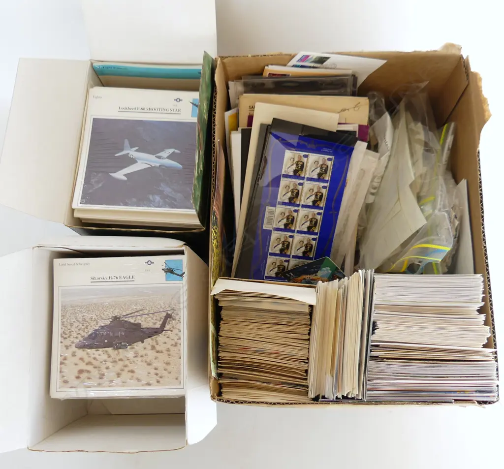BOX LOT LOOSE STAMPS, FIRST DAY COVERS, 2 BOXES WARPLANE COLLECTORS CLUB CARDS Image 1++
