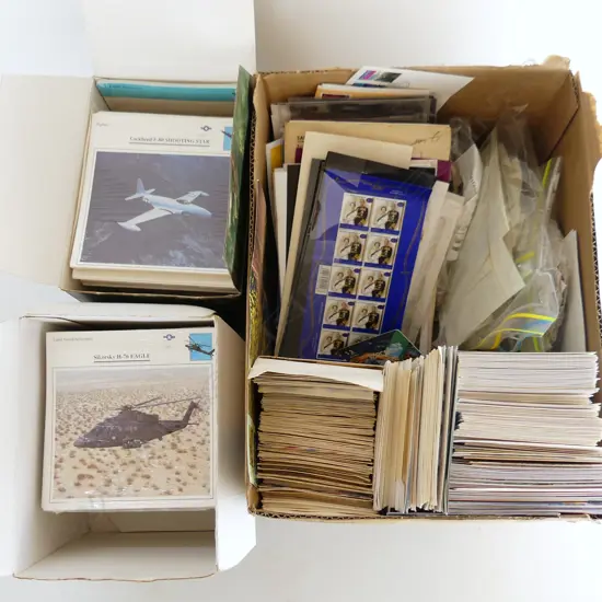 BOX LOT LOOSE STAMPS, FIRST DAY COVERS, 2 BOXES WARPLANE COLLECTORS CLUB CARDS
