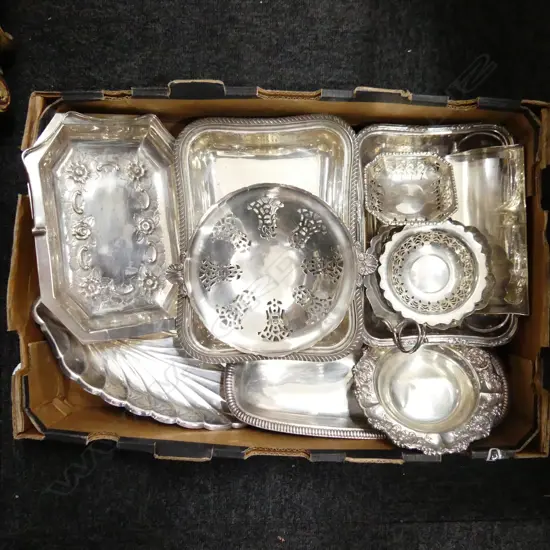 BOX OF 11 SILVER PLATED ENTRÉE DISHES, FRUIT BASKETS, AND SMALL DISHES ETC